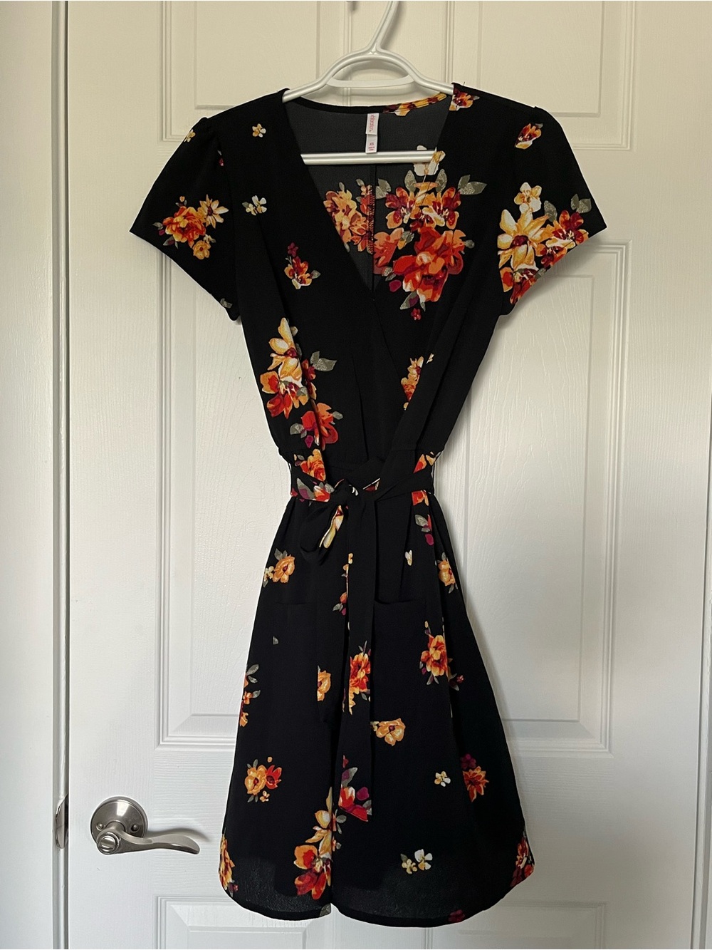 Xhilaration Black Autumnal Floral Wrap Mini Dress with Removable Waist Tie XS